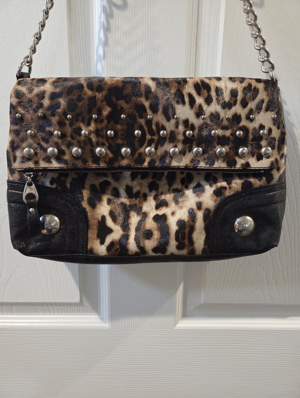Nicole Miller Faux Leather Leopard Studded Chain Y2K Shoulder Bag